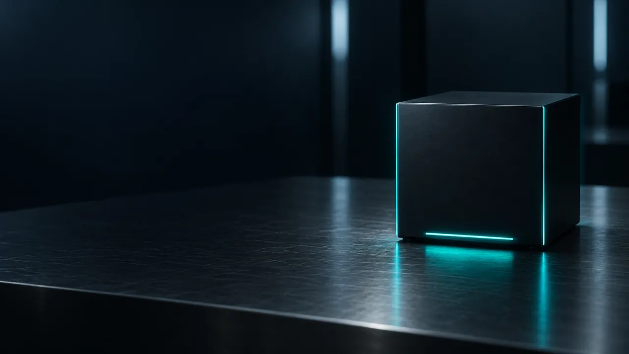 A sealed matte-black cube with thin teal edge lights on a steel table in a dark secure room